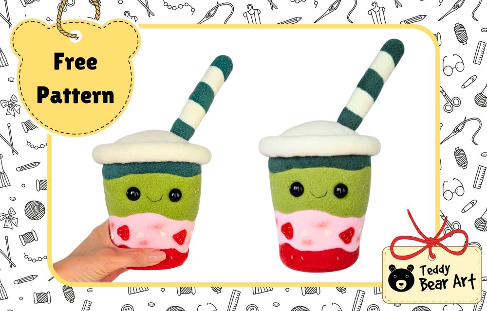 Drink Plushie DIY Tutorial: Free Strawberry Matcha Latte Sewing Pattern