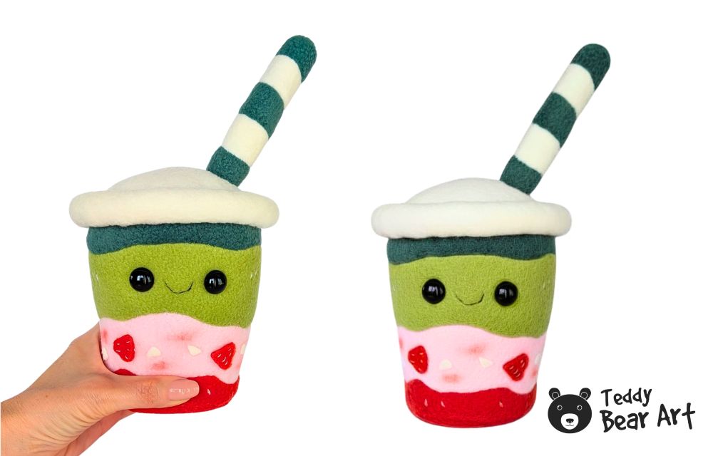 Drink Plushie DIY Tutorial: Free Strawberry Matcha Latte Sewing Pattern
